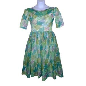 VINTAGE 50s‎ green floral watercolor chiffon drape neck party dress XS